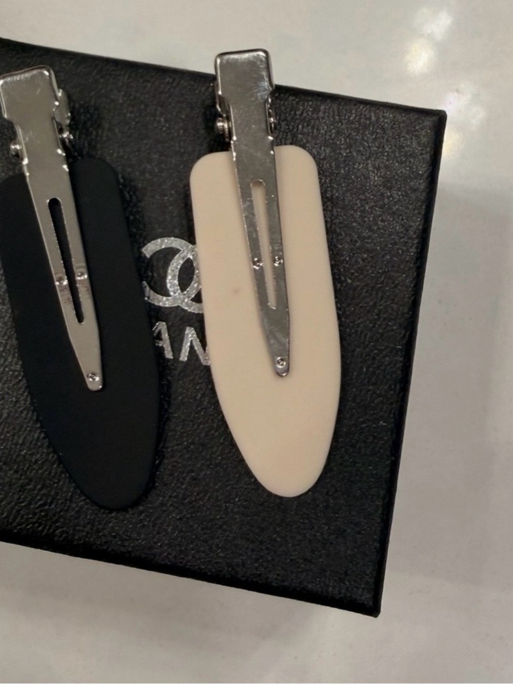 CHANEL Black and Cream Logo Hair Clip Set - Designer Double Pack - Picture 2 of 2